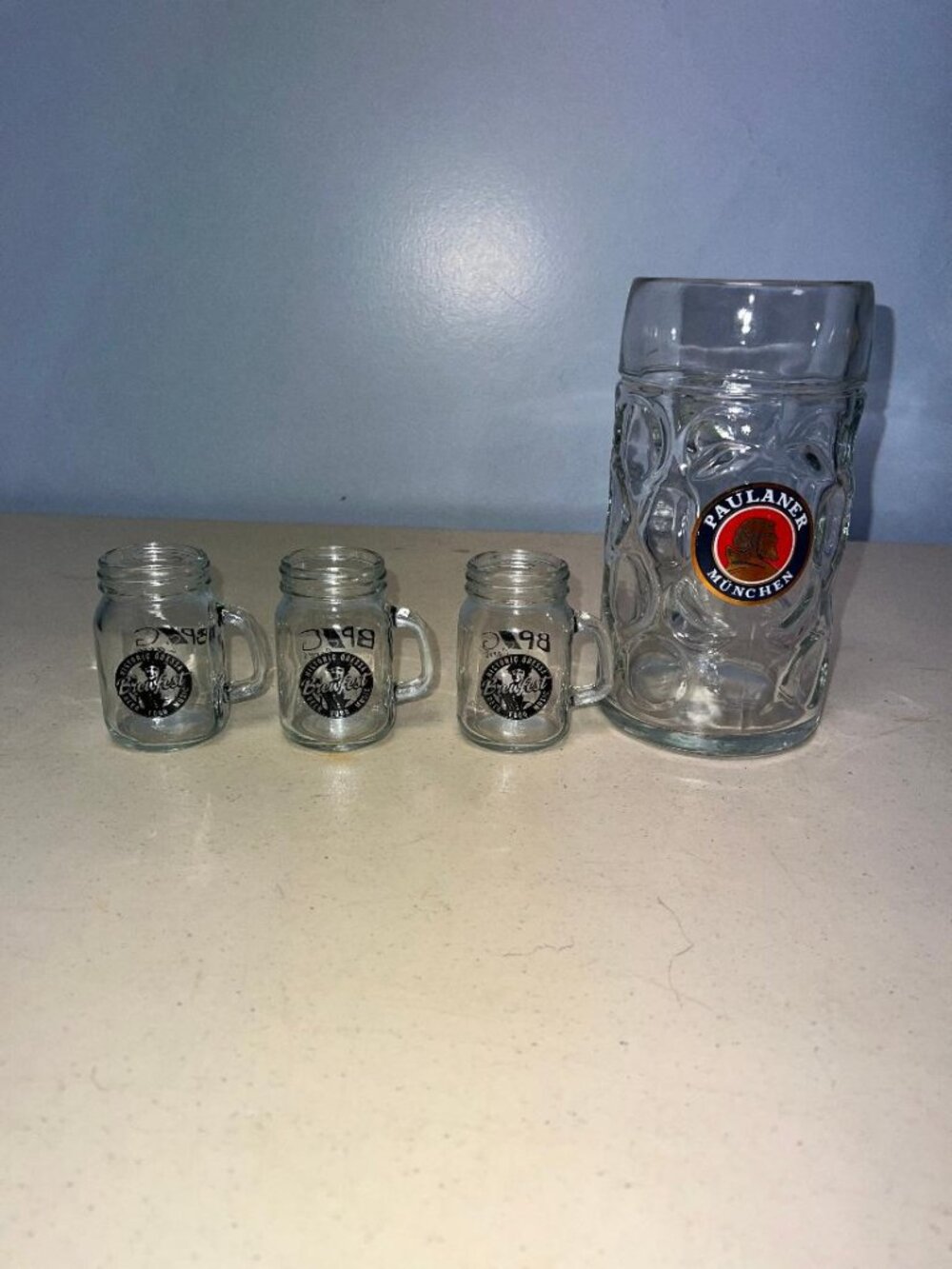 VPAULANER MUNCHEN Heavy Glass Dimpled Beer Stein Mug with 3 small mugs